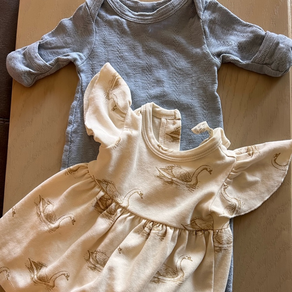 Kate Quinn NB gown blue and 0-3 dress cream set